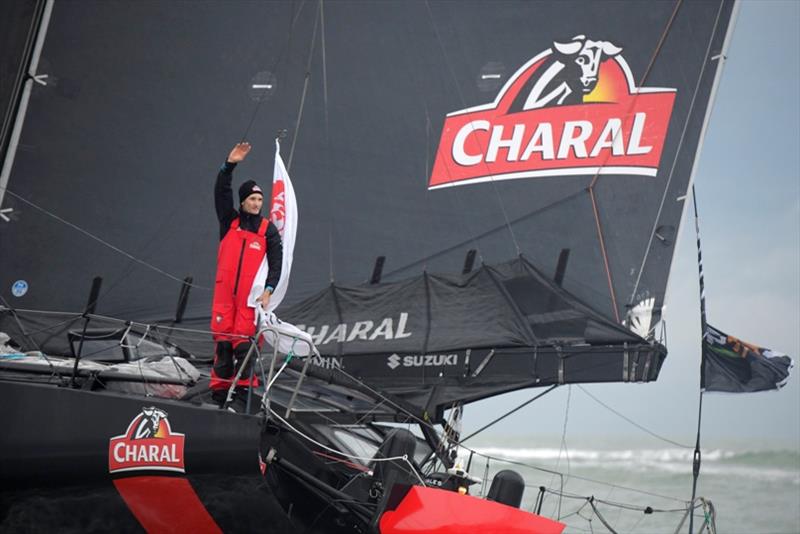 Charal, skipper Jeremie Beyou (FRA), is pictured during arrival of the Vendee Globe sailing race, on February 6 photo copyright Vincent Curutchet taken at  and featuring the IMOCA class