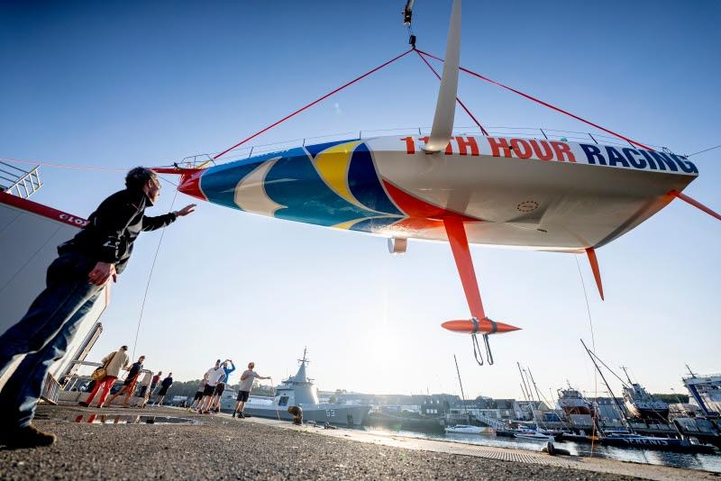 11th Hour Racing's new IMOCA gets rolled out of the shed at MerConcept in Concarneau for launching and measuring photo copyright Amory Ross taken at  and featuring the IMOCA class