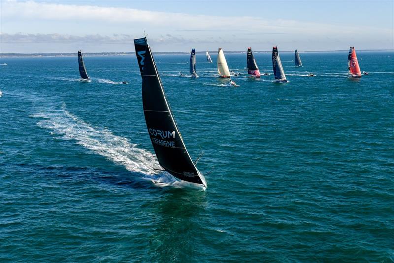Corum L'Epargne, skipper Nicolas Troussel (FRA) is leading the fleet at start of the Vendee Globe photo copyright Jean-Louis Carli / Alea taken at  and featuring the IMOCA class
