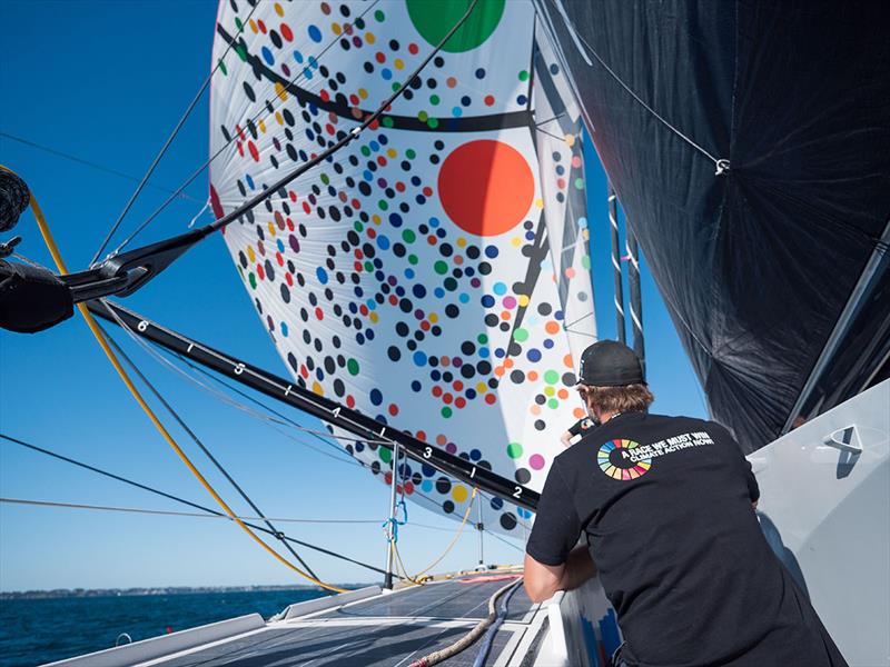 Skipper Boris Herrmann aboard Malizia - Seaexplorer looking at the spinnaker sail designed by Sarah Morris  photo copyright Yann Riou taken at  and featuring the IMOCA class