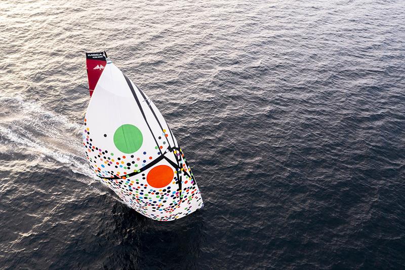 The new Malizia - Seaexplorer with the spinnaker sail designed by Sarah Morris photo copyright Yann Riou taken at  and featuring the IMOCA class