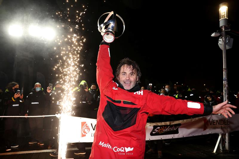 Maitre Coq, skipper Yannick Bestaven (FRA), is pictured with trophy during finish of the Vendee Globe sailing race, on January 28, 2021 photo copyright Jean-Louis Carli / Alea taken at  and featuring the IMOCA class