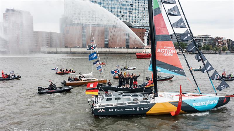 Team Malizia as they arrived in Hamburg onboard Malizia - Seaexplorer to christen their new race boat photo copyright Antoine Auriol taken at  and featuring the IMOCA class