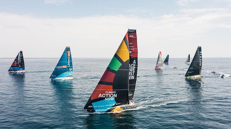 Drone shot of Malizia - Seaexplorer surrounded by other IMOCAs during a Port La Forêt training session in August 2022  photo copyright Antoine Auriol taken at  and featuring the IMOCA class