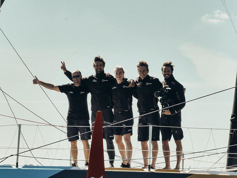 Team Malizia's Ocean Race sailing crew as they crossed the finish line of the 48 h Azimut race (from left to right): Will Harris, Rosalin Kuiper, Nico Lunven and Boris Herrmann photo copyright Jimmy Horel taken at  and featuring the IMOCA class