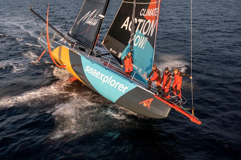 The team for The Ocean race checking out the front of the boat photo copyright Yann Riou - polaRSE / Malizia taken at  and featuring the IMOCA class