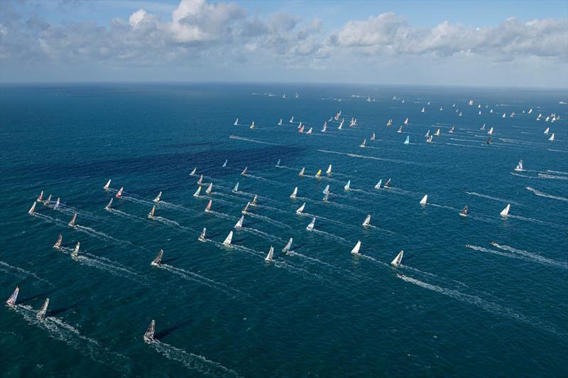 A large fleet of 138 boats crossed the start line of the Route du Rhum race on 9 November 2022 photo copyright Pierre Bouras taken at  and featuring the IMOCA class