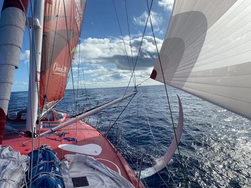 Samantha Davies looks back during the 12th Route du Rhum-Destination Guadeloupe photo copyright Inititiatives-Coeur taken at  and featuring the IMOCA class