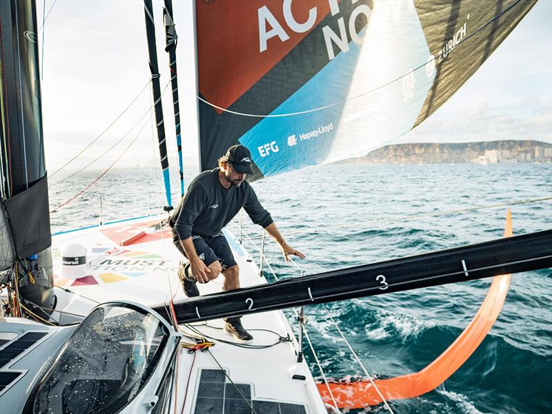 Boris Herrmann onboard Malizia - Seaexplorer with Alicante in the background - The Ocean Race Alicante In-Port Race photo copyright Antoine Auriol taken at  and featuring the IMOCA class