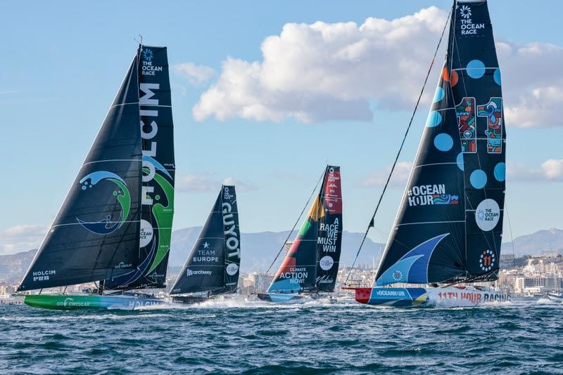 15 January 2023, IMOCA Leg 1 Start in Alicante: Holcim - PRB Team, Team Malizia, Guyot Environment - Team Europe and 11th Hour Racing Team photo copyright Charles Drapeau / GUYOT environnement - Team Europe taken at  and featuring the IMOCA class