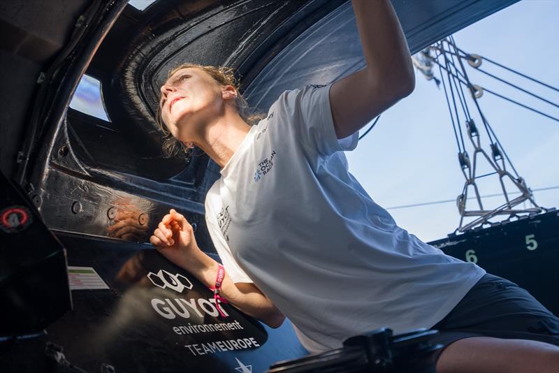 Anne-Claire le Berre takes a concentrated look at the sails - photo © Charles Drapeau / GUYOT environnemnt - Team Europe