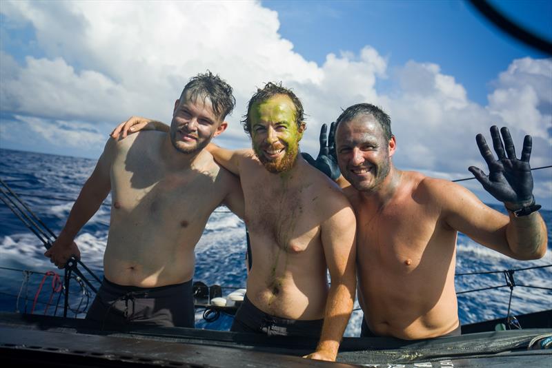 For Phillip Kasüske, Charles Drapeau and Robert Stanjek (from left) it was the first time they crossed the equator. Traditionally, they were baptised by their crew members photo copyright Charles Drapeau / GUYOT environnement - Team Europe taken at  and featuring the IMOCA class