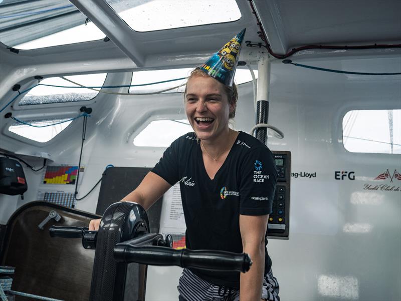 The Ocean Race Leg 2 onboard Team Malizia. Rosalin Kuiper, celebrates Yann Elies birthday on the grind photo copyright Antoine Auriol / Team Malizia taken at  and featuring the IMOCA class