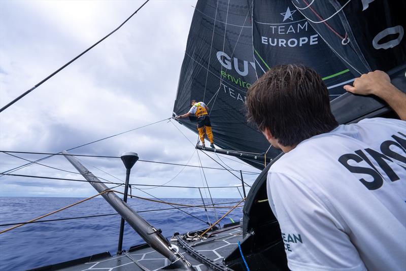 3 February 2023, Leg 2, Day 10 onboard GUYOT environnement - Team Europe. Phillip Kasüske on the outtrigger follows Sébastien Simon instructions photo copyright Charles Drapeau / GUYOT environnement - Team Europe taken at  and featuring the IMOCA class
