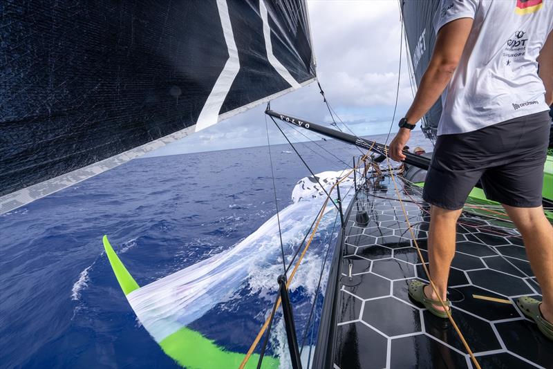 The light cloth slapped into the water, got caught on the foil and completely slowed down the black yacht photo copyright Charles Drapeau / GUYOT environnement - Team Europe taken at  and featuring the IMOCA class