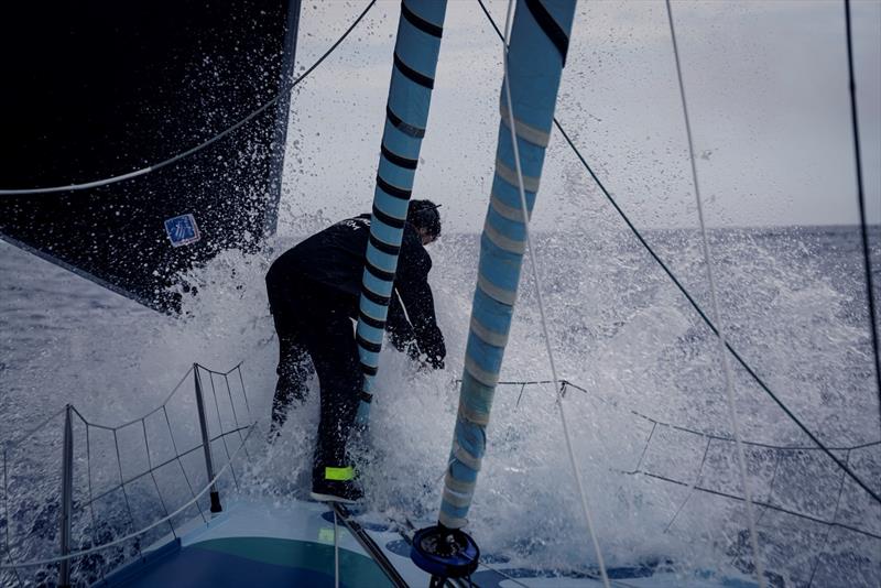 The Ocean Race 6 February 2023, Leg 2, Day 13 onboard Biotherm. Anthony Marchand in the bow confronting the waves - photo © Anne Beauge / Biotherm
