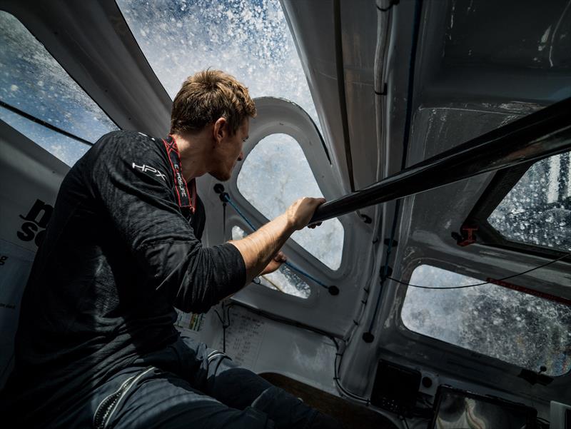 The Ocean Race Leg 2, Day 14 onboard Team Malizia. Will Harris in the cockpit watching the waves covering the boat photo copyright Antoine Auriol / Team Malizia taken at  and featuring the IMOCA class