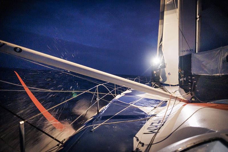 The Ocean Race Leg 2, Day 16 onboard Biotherm - Paul Meilhat on the bow at night photo copyright Anne Beauge / Biotherm taken at  and featuring the IMOCA class