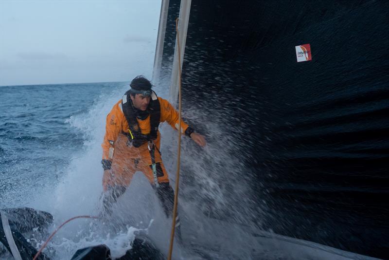 The Ocean Race Leg 2, day 16 onboard GUYOT environnement - Team Europe. Sébastien Simon on the bow photo copyright Charles Drapeau / GUYOT environnement - Team Europe taken at  and featuring the IMOCA class