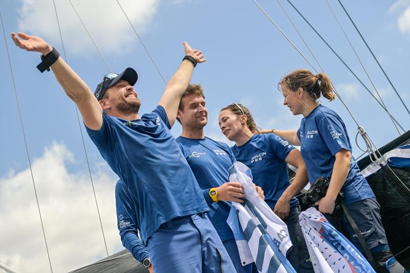 12 February , The Ocean Race Leg 2 arrivals to Cape Town. Team Holcim - PRB skipper Kevin Escoffier celebrates at the pontoon after winning Leg 2 photo copyright Sailing Energy / The Ocean Race taken at  and featuring the IMOCA class