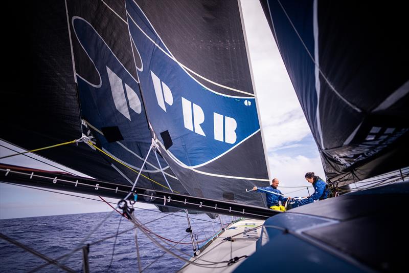 6 February , Leg 2, Day 13 onboard Holcim - PRB Team. Kevin Escoffier and Susann Beucke on the bow preparing a sail - photo © Georgia Schofield / polaRYSE / Team Holcim-PRB