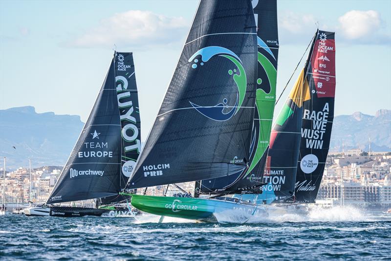 The Ocean Race 2022-23. 15 January 2023, IMOCA Leg 1 Start in Alicante: Holcim - PRB Team, Team Malizia, GUYOT environnement - Team Europe - photo © Charles Drapeau / GUYOT environnement - Team Europe