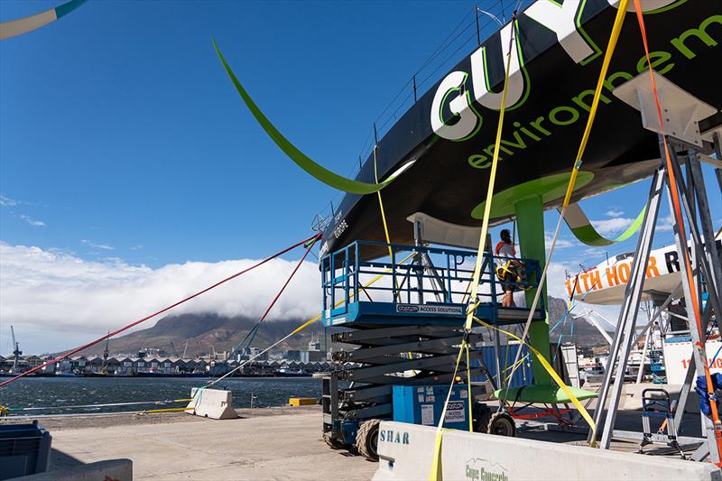 Due to strong winds in Cape Town, the yacht had to be specially secured ashore - photo © Gauthier Lebec / GUYOT environnement - Team Europe