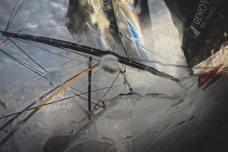 05 February , Onboard 11th Hour Racing Team during Leg 2, Day 12. Malama powering its way through the swell under FRO and J3 - photo © Amory Ross / 11th Hour Racing Team