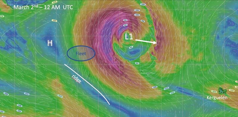 The fleet will be sailing between the high pressure system in their West and the low pressure system ahead of them - photo © Christian Dumard / Windy