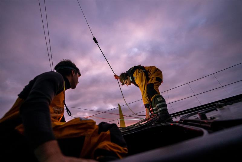 The Ocean Race 2022-23 - 27 February 2023, Leg 3, Start Day onboard GUYOT environnement - Team Europe. Sébastien Simon and Benjamin Dutreux getting ready for the first night - photo © Charles Drapeau / GUYOT environnement - Team Europe