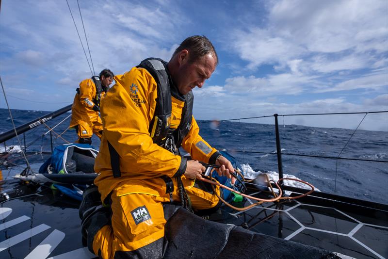 The Ocean Race 2022-23 Leg 3 Day 2 onboard GUYOT environnement - Team Europe. SŽbastien Simon and Robert Stanjek working on deck - photo © Charles Drapeau / GUYOT environnement - Team Europe