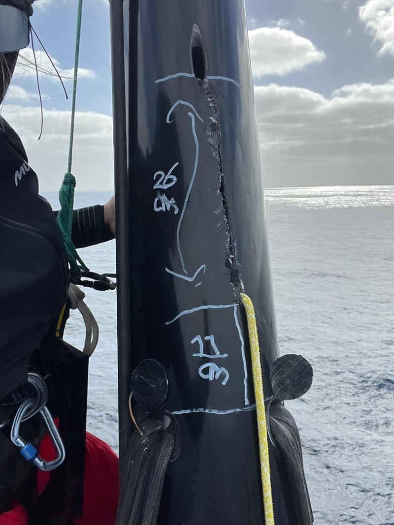 The Ocean Race 2022-23 - 1 March 2023, Leg 3, Day 3 onboard Team Malizia. Damage to the mast of Team Malizia, Leg 3 photo copyright Antoine Auriol / Team Malizia taken at  and featuring the IMOCA class