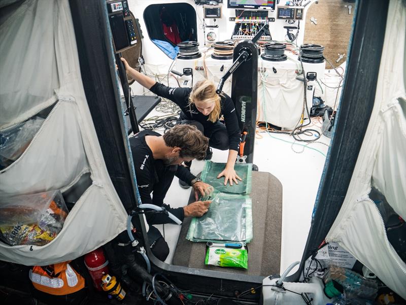 The Ocean Race 2022-23 - 2 March 2023, Leg 3, Day 4 onboard Team Malizia. Will Harris repairing the mast photo copyright Antoine Auriol / Team Malizia taken at  and featuring the IMOCA class