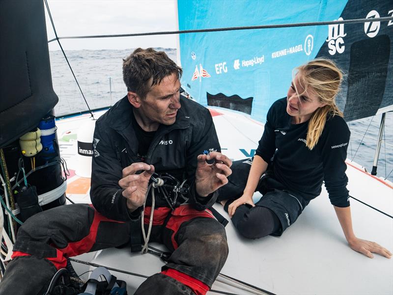 The Ocean Race 2022-23 - 2 March 2023, Leg 3, Day 4 onboard Team Malizia. Will Harris and Rosalin Kuiper repairing the mast photo copyright Antoine Auriol / Team Malizia taken at  and featuring the IMOCA class