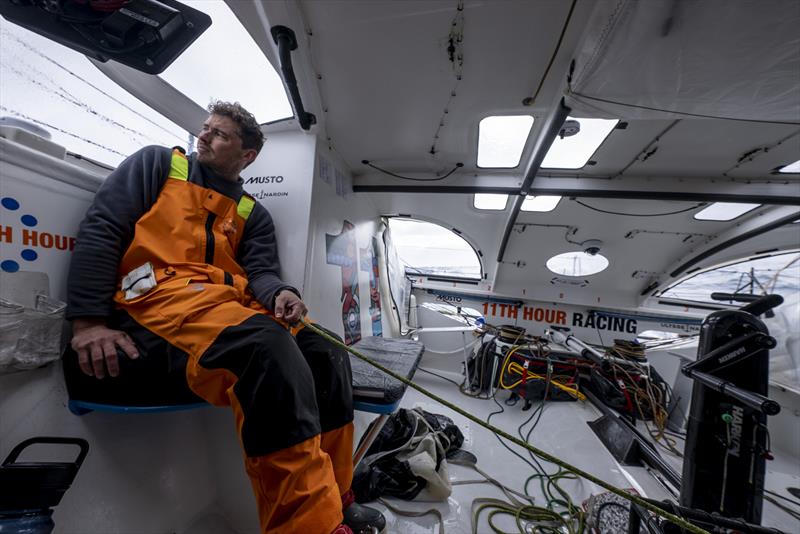 The Ocean Race 2022-23 Leg 3 Day 7 onboard 11th Hour Racing Team. Jack Bouttell 'at the helm' with the mainsheet hanging loosely in his hand - photo © Amory Ross / 11th Hour Racing / The Ocean Race