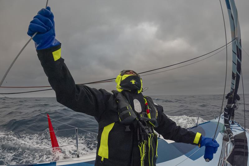 The Ocean Race 2022-23 Leg 3, Day 9 onboard Biotherm. Anthony Marchand checking the sails - photo © Ronan Gladu / Biotherm