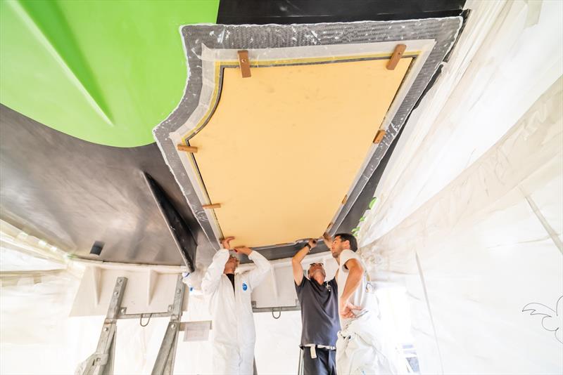 After removing the Nomex honeycomb structure from the delaminated area, a foam was glued in and the area was re-laminated - photo © Charles Drapeau / GUYOT environnement - Team Europe