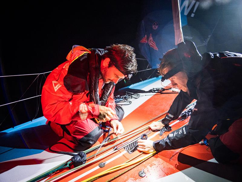 The Ocean Race 2022-23 Leg 3, Day 12 onboard Team Malizia. Boris Herrmann and Will Harris on repairing work on deck at night - photo © Antoine Auriol / Team Malizia