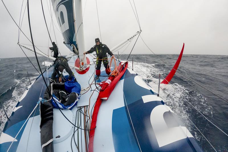 The Ocean Race 2022-23 Day 13 Leg 3 onboard Biotherm. The crew working on the sails on deck - photo © Ronan Gladu / Biotherm