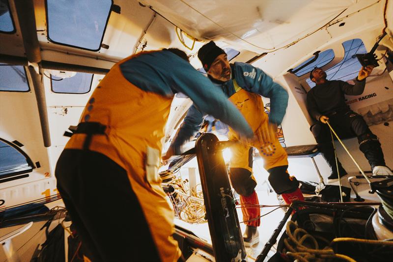 The Ocean Race 2022-23 Leg 3 onboard 11th Hour Racing Team. A twilight gybe has the cockpit full of lamp light - photo © Amory Ross / 11th Hour Racing / The Ocean Race