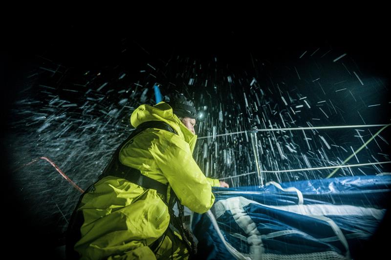 The Ocean Race 2022-23 Leg 3, day 16 onboard Holcim - PRB Team. Night Pacific drizzling onboard over Abby Ehler - photo © Julien Champolion | polaRYSE / Holcim - PRB