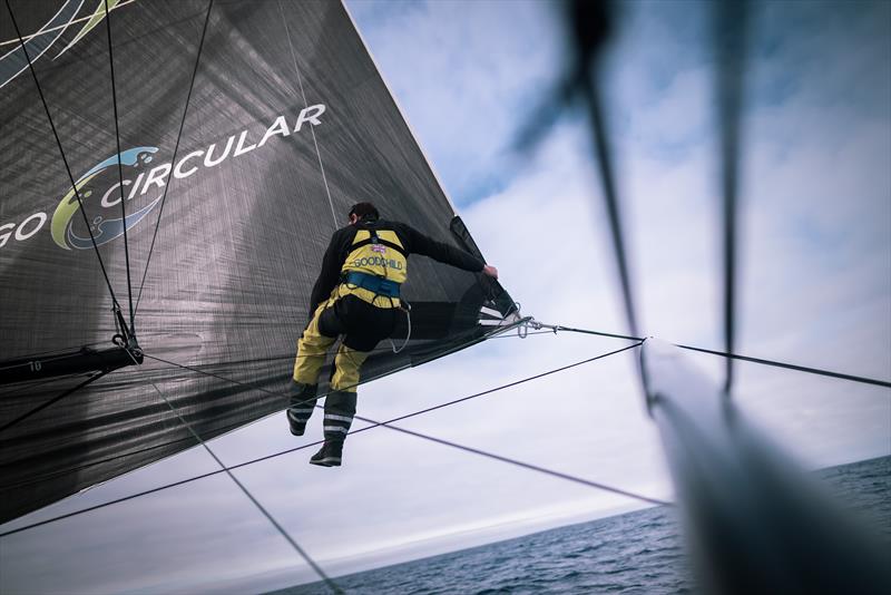 The Ocean Race 2022-23 Leg 3 Day 21 onboard Team Holcim - PRB. Sam Goodchild checking the sails - photo © Julien Champolion | polaRYSE / Holcim - PRB / The Ocean Race