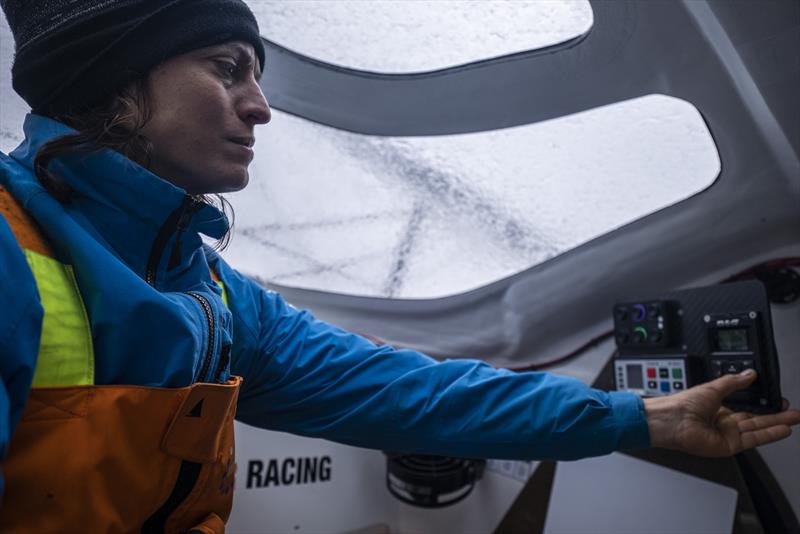 The Ocean Race 2022-23 Leg 3 Day 24 onboard 11th Hour Racing Team. Justine Mettraux driving the autopilot from inside the windward helming bubble - photo © Amory Ross / 11th Hour Racing / The Ocean Race