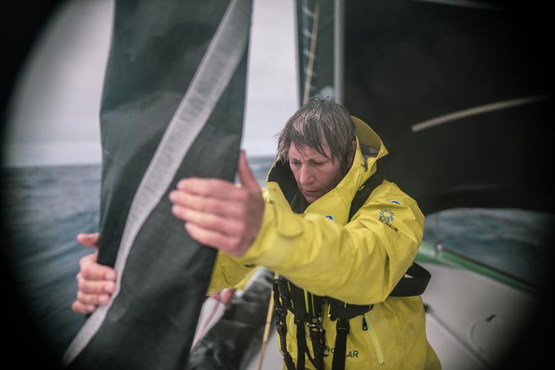 The Ocean Race 2022-23 Leg 3 day 25 onboard Team Holcim - PRB. Abby Ehler working on the sails on deck photo copyright Julien Champolion | polaRYSE / Holcim - PRB / The Ocean Race taken at  and featuring the IMOCA class