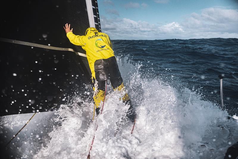 The Ocean Race 2022-23 - 26 March 2023, Leg 3, Day 29 onboard Team Holcim - PRB. Sam Goodchild making good use of his weather gear - photo © Julien Champolion | polaRYSE / Holcim - PRB / The Ocean Race