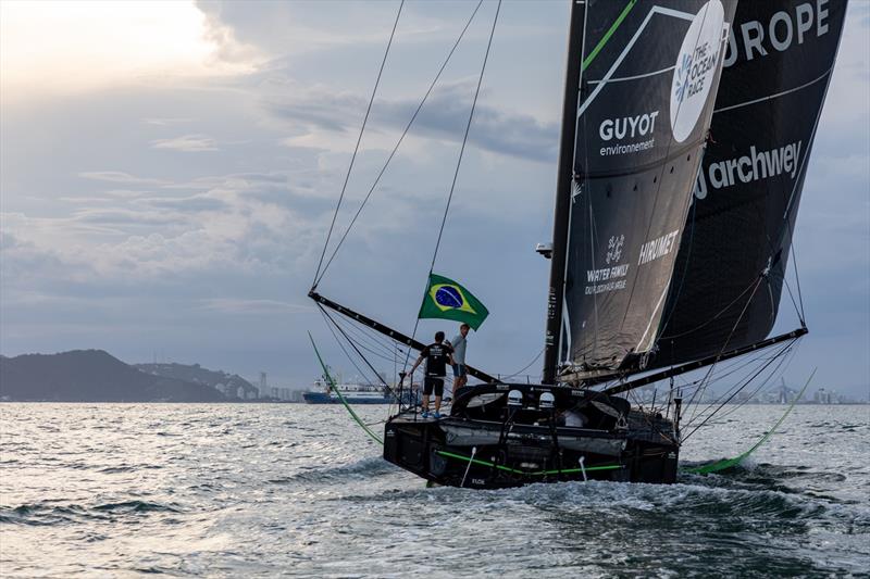 The Ocean Race 2022-23 - 30 March 2023. GUYOT environnement - Team Europe arrives in Itajaí. After a repair on the hull, the boat was delivered across the Atlantic - photo © Alexander Champy-McLean / The Ocean Race