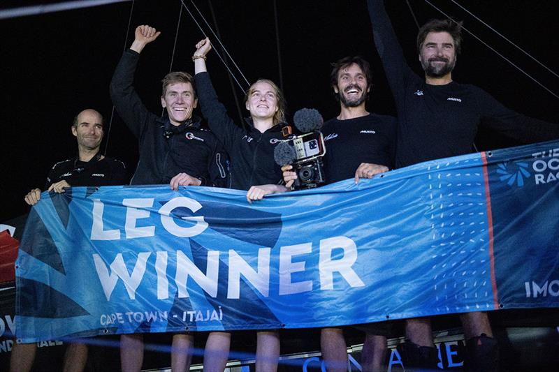 Team Malizia's sailing crew after they crossed the finish line of Leg 3 in first position - The Ocean Race photo copyright Ricardo Pinto / Team Malizia taken at  and featuring the IMOCA class