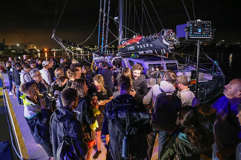 The crowd a team members, friends, race organisers, and journalists on the dock as Team Malizia arrived in Itajaí, Brazil - The Ocean Race - photo © Sailing Energy / The Ocean Race