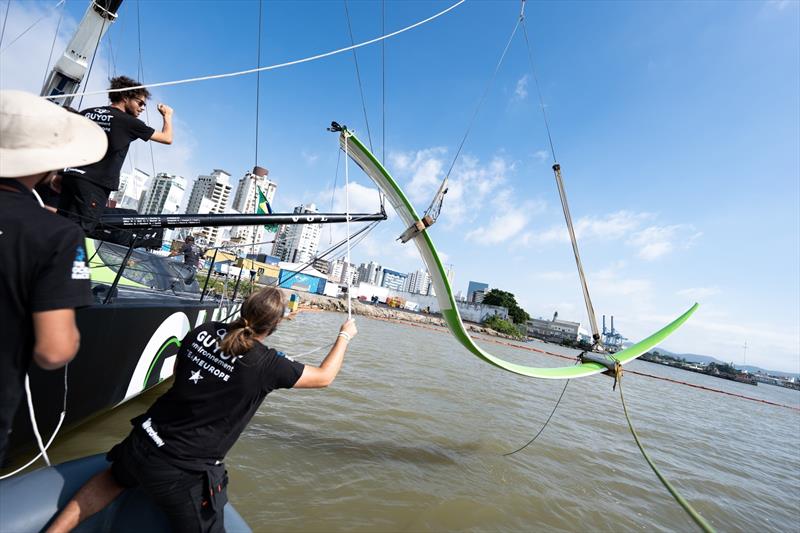 Foils and rudders were removed and reworked in Brazil photo copyright Gauthier Lebec / GUYOT environnement - Team Europe taken at  and featuring the IMOCA class