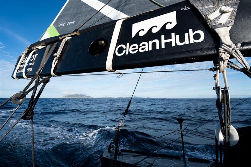 The new partnership of GUYOT environnement - Team Europe with the Berlin-based company CleanHub is presented on the yacht's boom - photo © Gauthier Lebec / GUYOT environnement - Team Europe